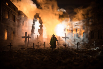 Nuclear war apocalypse concept. Explosion of nuclear bomb in city. City destroyed by atomic war. Creative artwork decoration in dark.