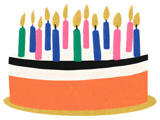 Birthday cake with candles isolated on transparent background, ideal for festive and cheerful designs..