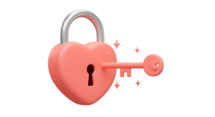 A pastel pink heart shaped padlock with key on transparent background