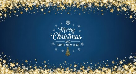 Radiant golden stars frame a festive 'Merry Christmas and Happy New Year' message with a charming tree, perfect for holiday greetings.