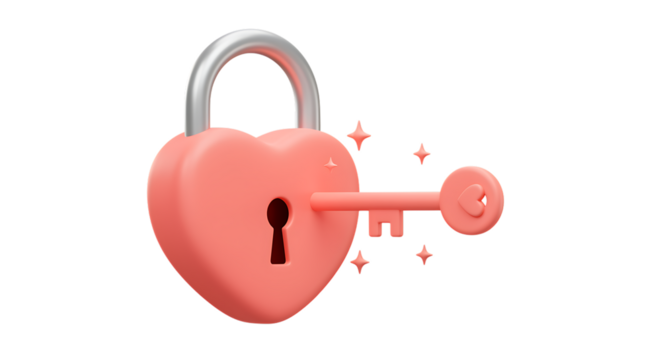 A pastel pink heart shaped padlock with key on transparent background