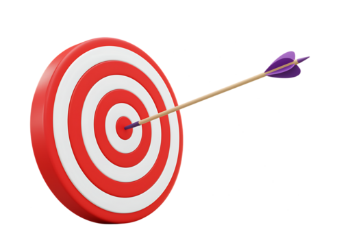Red target with arrow hitting the bullseye 3d render on transparent background
