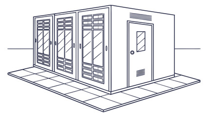 Illustration of a small building with sliding glass doors and a side door on a tiled platform created with generated ai