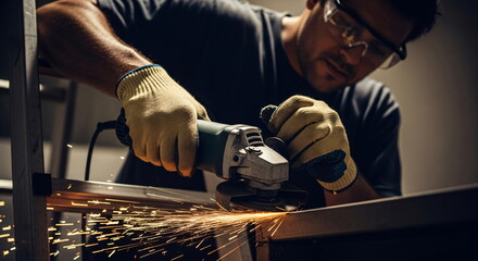 Man grinding metal with an angle grinder outdoors, producing sparks. Safety equipment, construction, and repair work in action footage.
