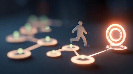 journey to the goal , business planning concept. Touching a glowing target icon on a connected path with milestones and a running figure. Planning, progress and chievement toward business goals.ai