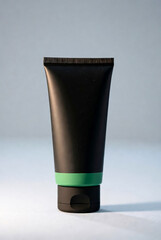 A sleek black cosmetic tube stands upright on a clean studio surface. The green band at the base adds contrast, suggesting modern skincare, lotion, or cream packaging.