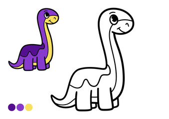 Cute cartoon dinosaur childrens coloring book page with color example. Simple and easy outline illustration happy long-necked dinosaur. Fun activity for preschool and kindergarten coloring practice.