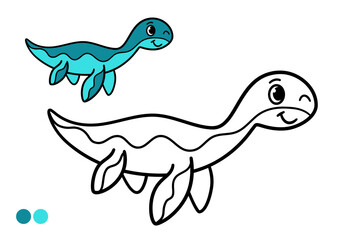 Cute cartoon dinosaur childrens coloring book page. Happy swimming dinosaur with long neck and flippers. Black and white outline illustration with color example for preschool learning.