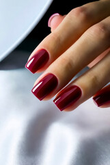 Macro shot of deep burgundy nails with a glossy, smooth finish. Elegant, stylish manicure conveys sophistication and beauty, ideal for fashion, lifestyle, or cosmetic stock usage.
