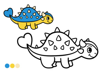 Cute cartoon dinosaur childrens coloring book page. Funny ankylosaurus black and white outline illustration with color example for preschool learning and creative fun.