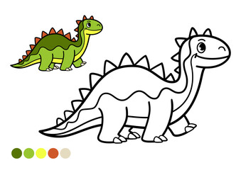 Cute cartoon dinosaur childrens coloring book page. Happy stegosaurus black and white outline illustration with color example for preschool learning and educational fun.