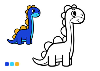 Cute cartoon dinosaur childrens coloring book page. Simple and easy for coloring dinosaur illustration with color example. Black and white outline drawing for preschool learning and creative fun.