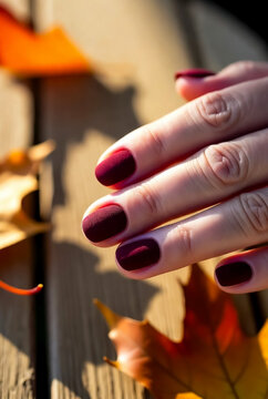 A close-up of burgundy matte nails resting on a hand beside autumn leaves on a wooden surface. Warm, seasonal tones evoke beauty, style, and relaxed outdoor fashion.