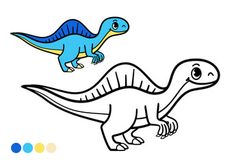 Cute cartoon dinosaur childrens coloring book page. Funny prehistoric animal with a sail on its back. Outline illustration with color example for preschool learning and creative fun.
