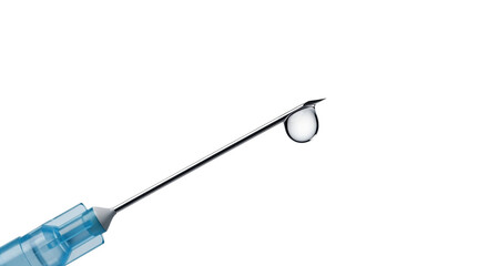 Drop of medicine on the tip of a syringe needle with a clear background  