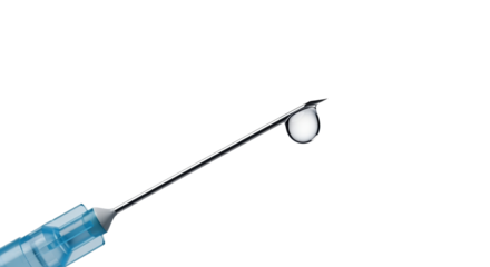 Drop of medicine on the tip of a syringe needle with a clear background  