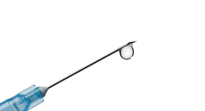 Drop of medicine on the tip of a syringe needle with a clear background  