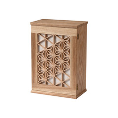 Intricate geometric patterned wooden lantern with natural woven texture and soft interior light