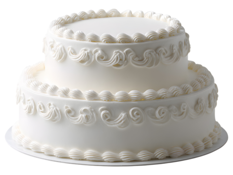 Two-tier white wedding cake isolated on transparent background, perfect for elegant event or bakery design.