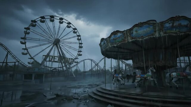 Dilapidated amusement park stands empty during a heavy rainstorm. Lightning strikes over a rusty Ferris wheel and carousel in a flooded, post-apocalyptic landscape