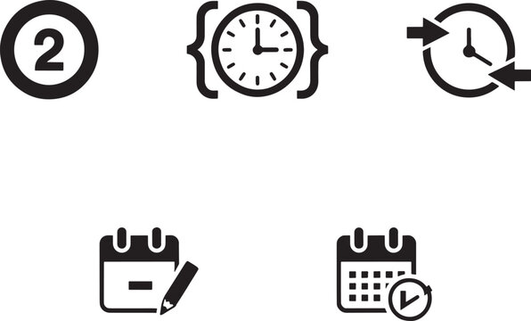 Set of five black icons representing time management and scheduling vector illustration