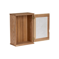 Rustic wooden wall cabinet with open door revealing empty interior and white panel