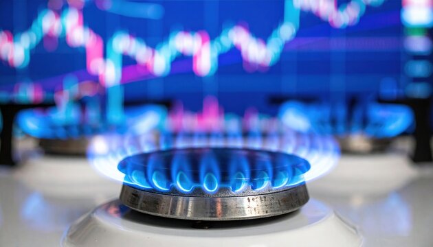 Blue gas flames on kitchen stove with financial chart background symbolizing energy market dynamics and rising global fuel prices