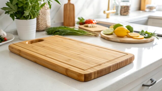 Elegant bamboo cutting board ready for culinary creation on white background with shadow. AI GENERATED.

