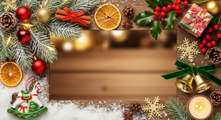 Festive Christmas frame overflowing with warm holiday decorations, sparkling lights, and natural elements creating a cozy, inviting winter scene perfect for seasonal greetings.
