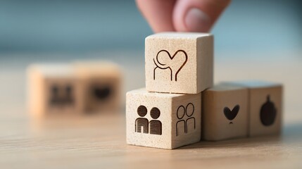 Empathy in the workplace concept. Wooden block with an icon of two people hugging, symbolizing empathy among team member icon. Emotional intelligence, collaboration, trust within a professional team.