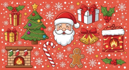 Whimsical Christmas icons sparkle with festive cheer, creating a vibrant holiday pattern perfect for seasonal celebrations and joyful designs.