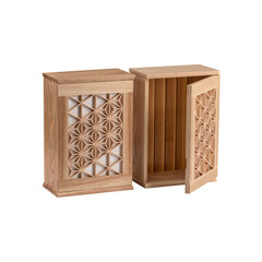 Two intricately carved wooden storage cabinets with open doors showcasing detailed geometric patterns and natural wood grain texture