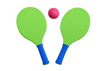 Green beach tennis paddles and pink ball floating, representing summer sports fun and leisure, transparent background