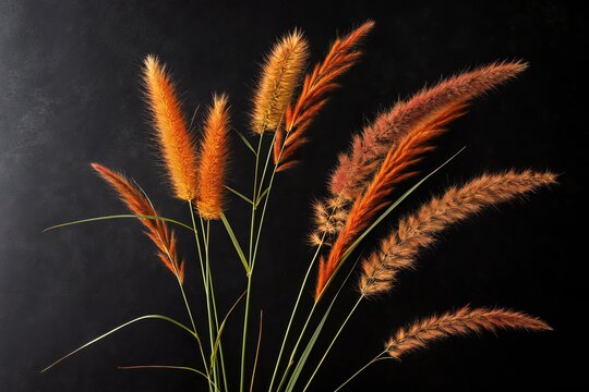 Orange and Yellow Grass Plumes Against Black seed head
