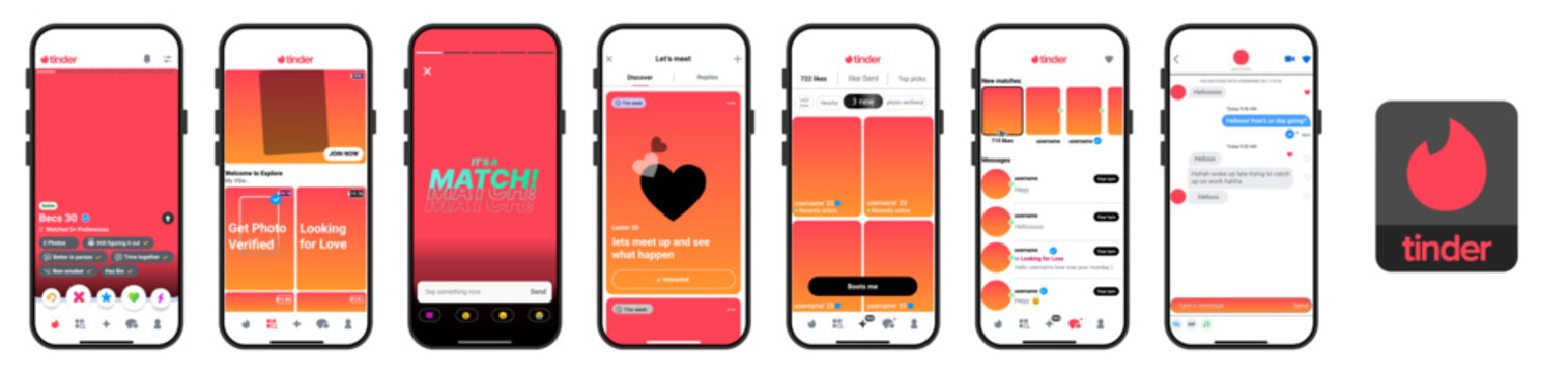 Tinder App UI Mockup on iPhone. Tinder dating profiles, match screen, chat messages, and discovery layout.  Tinder online dating and social connection apps.