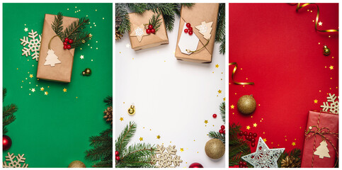 Christmas poster set with gifts and decor, copy space