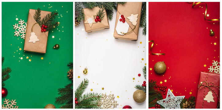 Christmas poster set with gifts and decor, copy space