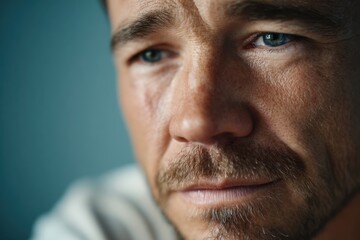 Obraz premium Young man expressing sadness against blue background