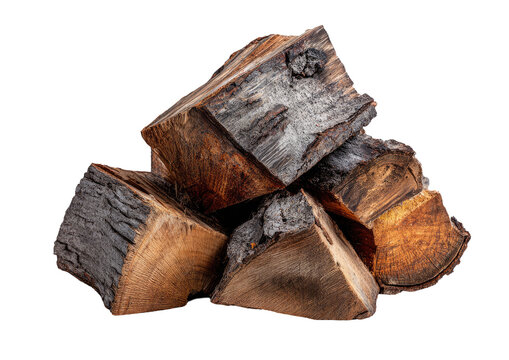 Stacked firewood pieces, various shades of brown and dark gray, showing wood grain and bark remnants
