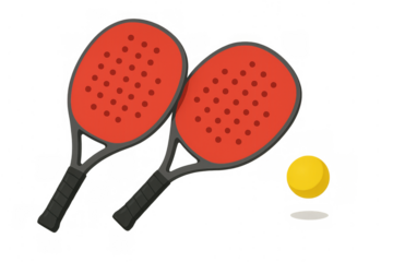 Pair of red padel rackets and a yellow ball preparing for a match, illustrating competitive sport with equipment