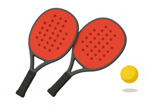 Pair of red padel rackets and a yellow ball preparing for a match, illustrating competitive sport with equipment