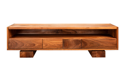 Wooden media console with four drawers and open shelving isolated on a transparent background