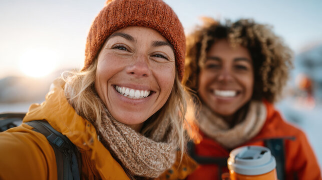 Happy couple enjoying a winter hike