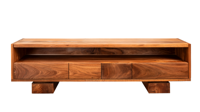 Wooden media console with four drawers and open shelving isolated on a transparent background