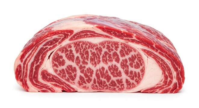 Cross-section of raw beef, showing marbling, fat, and muscle texture