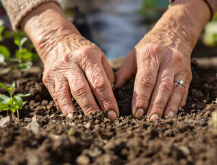 Close-Up of a 75-Year-Old Woman's Hands Tending Garden Soil, Symbolizing Lifelong Nurturing and Connection to Nature's Cycle