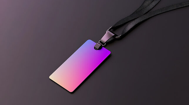 A vibrant ID badge featuring a smooth color gradient from purple to orange, suspended from a sleek black lanyard, is set against a minimalist dark grey backdrop.