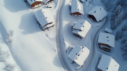 Aerial view of snow-covered village rooftops and a winding road. A serene winter scene, blanketed in white. A picturesque, tranquil landscape nestled in the mountains.