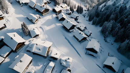 Aerial view of a snow-covered village nestled in a winter wonderland. Cozy cabins peek from beneath layers of fresh snow. A serene, picturesque alpine scene.