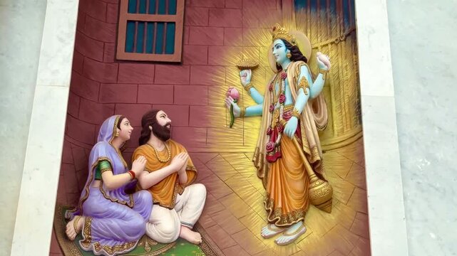 Lord Vishnu in Avtar of Shree Krishna, with Vasudev and Devki in Prison.